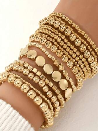 13pcs Fashion CCB Beaded Bracelet Set, Geometric Circle Star Charm Bracelets For Women