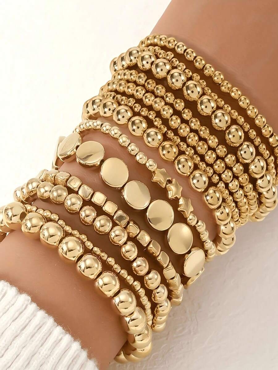 13pcs Fashion CCB Beaded Bracelet Set, Geometric Circle Star Charm Bracelets For Women - Gold - View 1