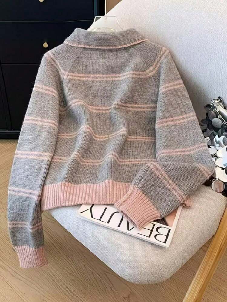 Loose Half Zip Striped Knit Sweater - Grey - View 2