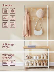 Coat Rack, Coat Stand With Shoe Storage Bench, Hall Tiree With Shoe Rack, 3-In-1 Design, Steel Frame, For Hallway, Entrance, 32 X 70 X 177 Cm, Modern, Oak And Cream - 薑色 - 查看 4