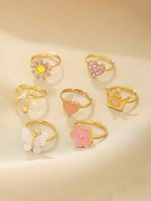 7 Pieces Teen Crown Daisy Bow Five Pointed Star Butterfly Gold Opening Gold Rings Jewelry Cheap Adjustable Rings