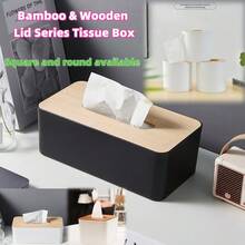 1pc Solid Color Bamboo Lid Tissue Box, Bamboo & Wood Lid Paper Box Tissue Holder, Square And Round Tissue Box, Wooden Storage Box, Home Decor For Dining Table, Disposable Paper Napkin Holder, Bamboo Rectangle Napkin Rack, Suitable For Bathroom Vanity, Office, Dining Table, Living Room, Bedroom, Bathroom, Car Tissue Storage - Multicolor - View 2