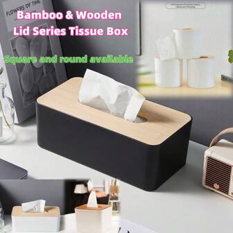 1pc Solid Color Bamboo Lid Tissue Box, Bamboo & Wood Lid Paper Box Tissue Holder, Square And Round Tissue Box, Wooden Storage Box, Home Decor For Dining Table, Disposable Paper Napkin Holder, Bamboo Rectangle Napkin Rack, Suitable For Bathroom Vanity, Office, Dining Table, Living Room, Bedroom, Bathroom, Car Tissue Storage