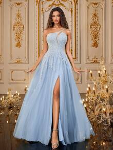 VIPGIRL Vestido formal asimétrico de cuello dividido con malla, elegante vestido de noche, boda y graduación para invitados, para cena y fiesta - Azul - Ver 1