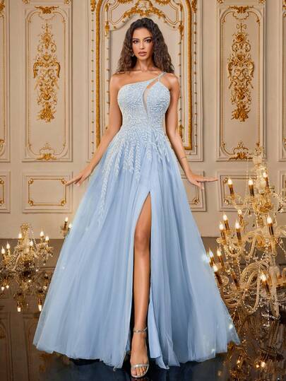 VIPGIRL Asymmetrical Neck Split Thigh Mesh Formal Dress Elegant Prom Evening Wedding Guest Gown, For Graduation, Dinner Party Dress