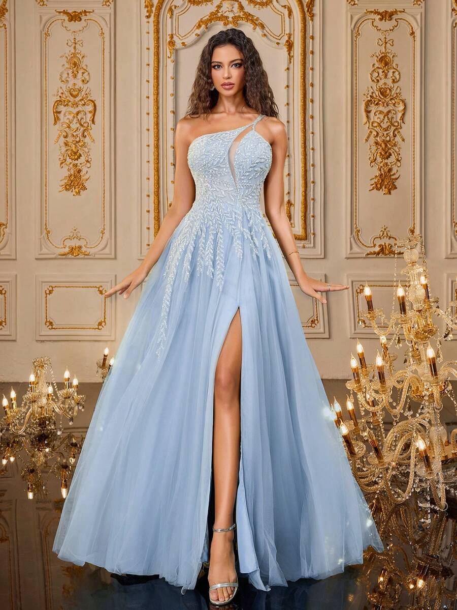 VIPGIRL Vestido formal asimétrico de cuello dividido con malla, elegante vestido de noche, boda y graduación para invitados, para cena y fiesta - Azul - Ver 1