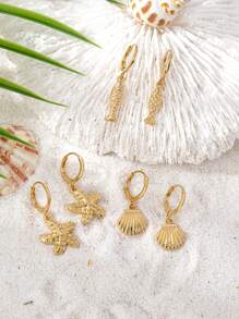 6pcs/Set Ocean Theme Earrings Set Featuring Turtle, Shell, Seahorse, Starfish, Beach & Seashell Charm Designs, Suitable For Summer