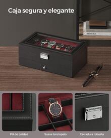 Caja de Reloj, Estuche de Reloj con Tapa de Cristal de 2 Niveles para 12 Relojes, Cerradura, 1 Cajón, para Anillos Pulseras, Regalo Ideal, Negro y Forro Rojo, Regalo de Navidad - Rojo - Ver 2