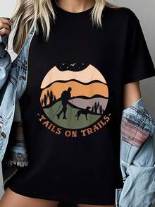 Tails On Trails Hiking With Dog Funny Hiking-Shirt Summer Tops-Shirt Women - 黑色 - 查看 1