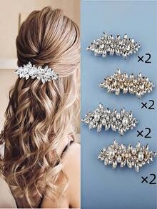 4pcs Fashionable Minimalist Rhombus Crystal Zinc Alloy Pearl & Rhinestone Hair Clips, Bridal Wedding Party Headpiece - Multicolor - View 6