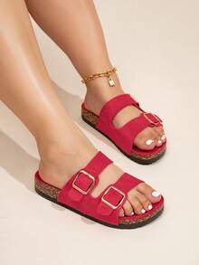 宽版新款黑色毛绒拖鞋，休闲室内/室外沙滩拖鞋，柔软木质纹理毛绒女士拖鞋 - 玫紅色 - 查看 4