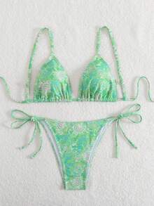 两件套腰果花印花比基尼泳装，适合度假海滩 - 綠色 - 查看 6