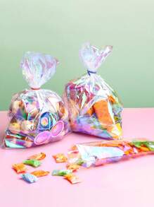 50 pièces Sacs en cellophane pour friandises, sacs en cellophane irisés holographiques, sacs à cadeaux avec liens torsadés, pour fête d'anniversaire, mariage, Fête des mères, Noël, Saint-Valentin