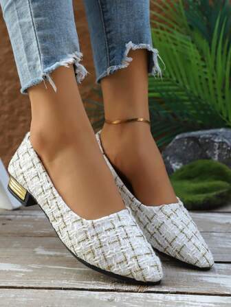 Women's Checkered Slip-On Shoes With Chunky Heel For Summer Korean Style