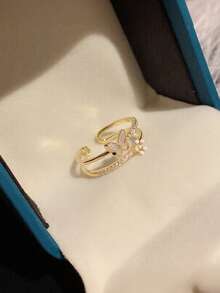 1pc Butterfly Shaped Double Ring, Personalized Design, Elegant Finger Ring, Fashionable & Unique Open Ring - 1pcs - View 3