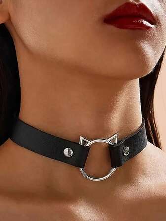 1pc New Fashion Cat Ear PU Leather Choker Necklace, Women's Necklace Accessory, Punk Style Choker, Wedding Bride Jewelry Gift