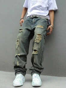 Men's Y2K Distressed Ripped Jeans Mid-Rise Full Length Slim Fit Streetwear - 中等水洗藍 - 查看 6