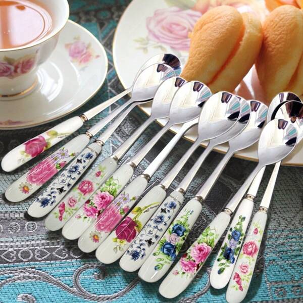 6/12 ملعقة قهوة من الفولاذ المقاوم للصدأ ذات مقابض خزفية بطبعات نباتية، مثالية للخلط والسكر والعسل والآيس كريم والشوربة، عملية للمكتب لفترة الشاي بعد الظهر، إكسسوارات مطبخ وطعام أنيقة بنقشة الورود، إكسسوارات للعودة للمدرسة