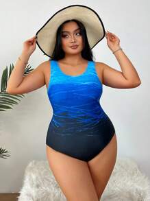 Plus Size Ombre Blue & Black One-Piece Swimsuit