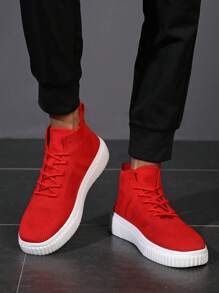 Men's High-Top Casual Sneakers, Breathable Knit Upper, Streetwear Style, Suitable For All Seasons