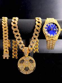 Luxury Alloy Men's Quartz Watch, With Rhinestone Rhinestone Crystal And Date, Paired With A Hip-Hop Pair It With A Football Pendant Full Of Rhinestones Cuban Necklace And Bracelet Set - Necklace Set - View 22