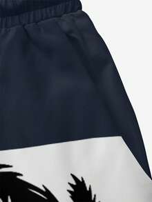 男士夏季印花图案抽绳腰侧袋夏威夷透气双层网眼衬里短裤，撞色椰子树3D艺术印花，时尚休闲沙滩度假泳裤 - 彩色 - 查看 6