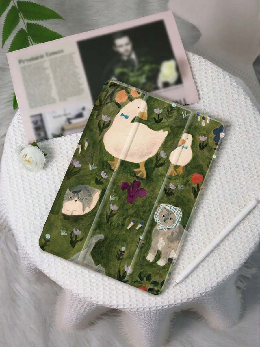Funda protectora para tableta con pintura al óleo de fondo verde que presenta un estampado de patos, gatos y animales, compatible con iPad 9.7/10.2/10.5/10.9/12.9/Pro 11, 10th Gen, compatible con Samsung Galaxy Tab S6 Lite 10.4 pulgadas, compatible con Kindle Paperwhite 12th Gen 2024, Kindle (11th Generation) 2022 Release, protección antichoque suave, soporte inteligente/activación/suspensión automática