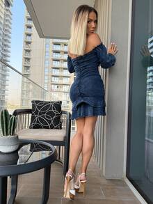 Manon Tanti 女士牛仔连衣裙性感甜美连衣裙情人节装约会装单肩高弹力牛仔 - 中等水洗藍 - 查看 4