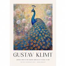 Peinture sur canevas de style poster rétro avec des motifs de fleurs nordiques, d'animaux comme le paon, le lama, le tigre royal du Bengale et le lion, selon le style de Gustav Klimt. Décoration murale pour la maison, cadeau avec option de cadre