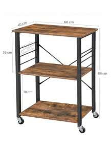 Kitchen Shelf On Wheels, Serving Trolley With 3 Shelves, Microwave Shelf, For Mini Oven, Toaster, With 6 Hooks, Industrial Style, Rustic Brown And Black