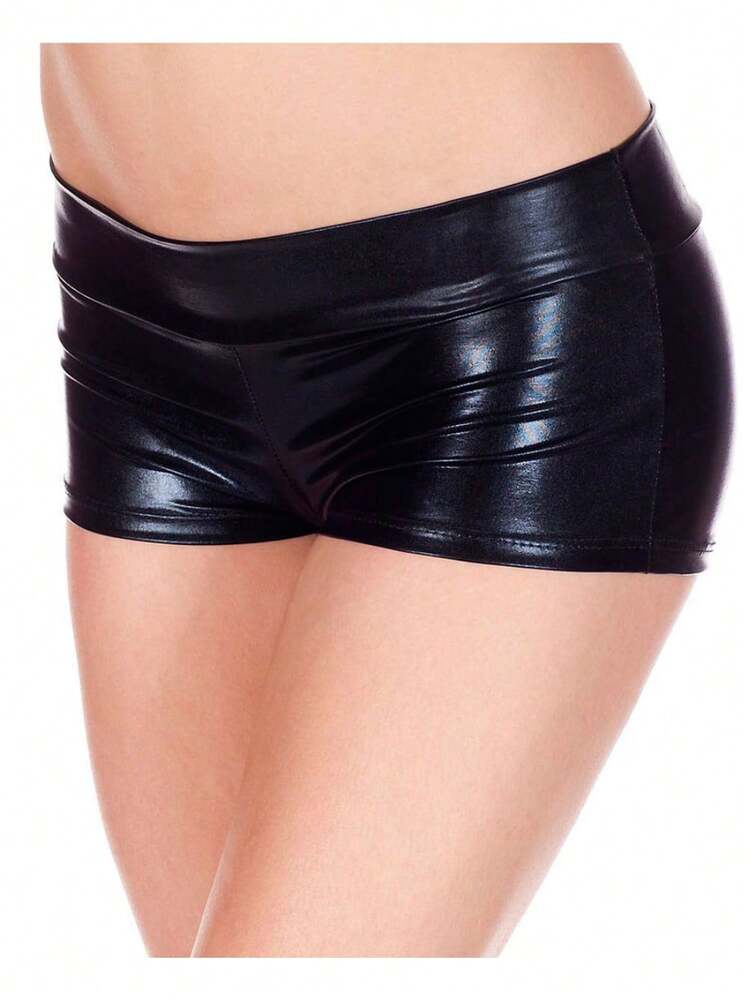 Women's Metallic High Waist Faux Leather Hot Shorts With Bodycon Fit And Shiny Finish - Black - View 1