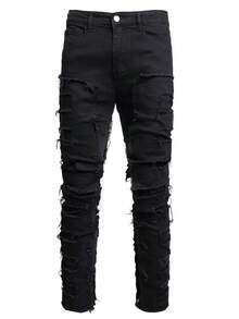 Men's Slim Fit And Slimming Creative Tassel Decoration Straight Jeans, Men's Casual Stretch Street Style Hip-Hop Skateboard Rap Jeans All Seasons - 黑色 - 查看 5