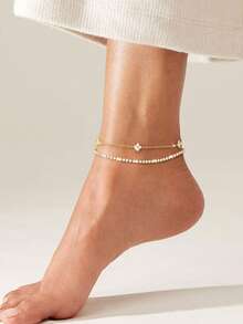 2Pcs/Set 14K Gold Plated Anklets For Women CZ Ankle Bracelet  Waterproof Dainty Layered Tennis Heart Dot Chain Anklet  Foot Jewelry - Flower&Tennis Anklet - 查看 3