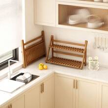 1pc Bamboo Kitchen Storage Rack, Foldable Desktop Organizer Shelf, Small Multi-Purpose Household Storage Rack