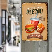 1PC Vintage Tin Sign, Best In Town Menu, Retro Diner Decor, Burger And Fries Illustration, Rust-Proof, Perfect For Restaurant Or Kitchen, 8x12 Inches/ 20x30 Cm - Multicolor - View 2