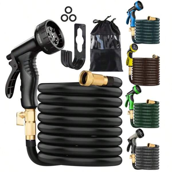 25ft/50ft/75ft/100ft Garden Hose With Function Nozzle Garden Hose, Lightweight & No-Kink Flexible Garden Hose, 3/4 Inch Solid Brass Fittings