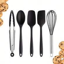5 件套硅胶不粘烹饪用具套装，耐热厨房工具，配有符合人体工程学的手柄和灵活的头，易于清洁