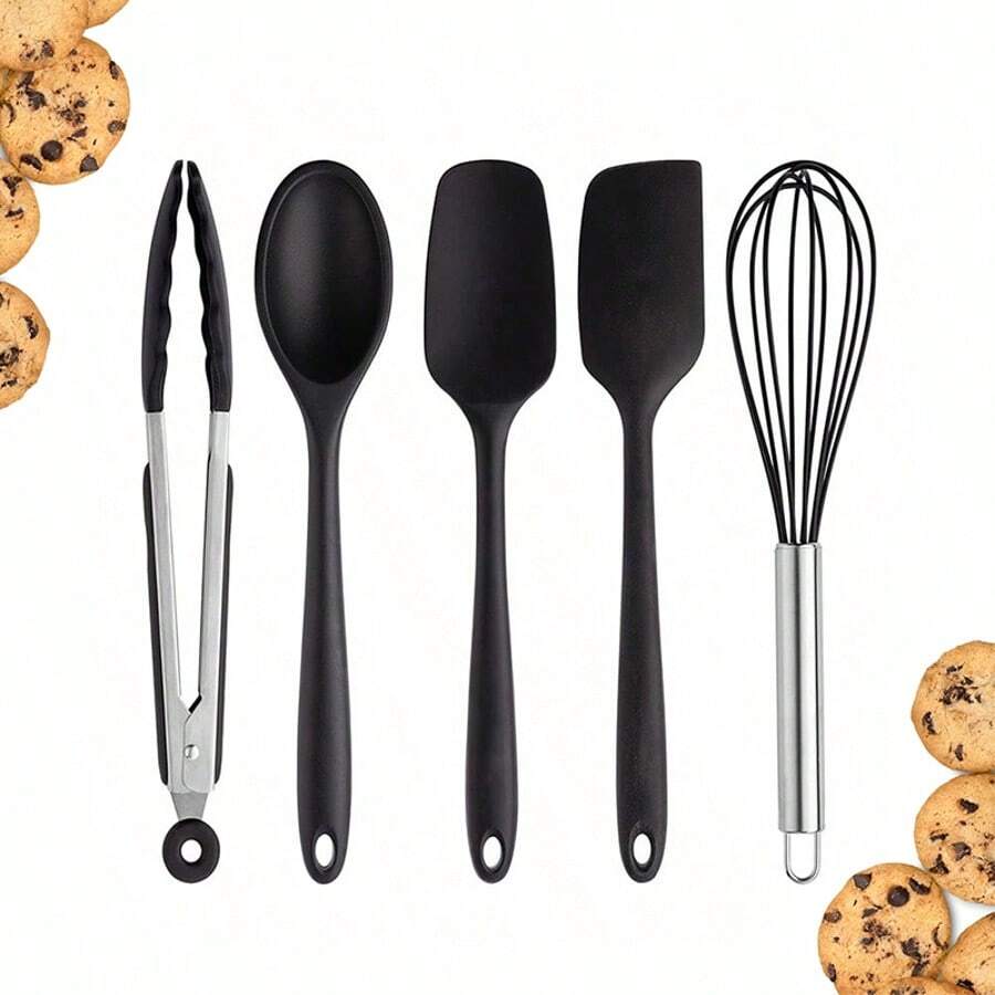 5 件套硅胶不粘烹饪用具套装，耐热厨房工具，配有符合人体工程学的手柄和灵活的头，易于清洁