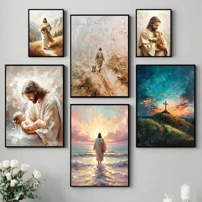 1 pieza Pintura de lienzo con póster cristiano de Jesús caminando sobre el agua/el Buen Pastor, obra de arte bíblica para decoración de pared del hogar, regalo del con marco opcional