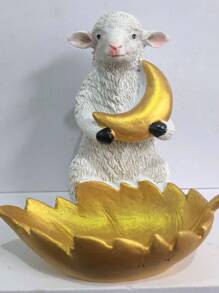1 pièce Plateau décoratif en résine de style moyen-oriental avec une feuille dorée de mouton étreignant la lune, décoration pour la maison, décoration de l'Aïd al-Adha, rangement de bijoux, article de fête, figurine en résine