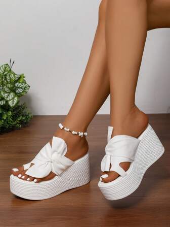 Sandalias casuales de vacaciones con plataforma, suela gruesa, decoración de lazo y estilo boho para mujer