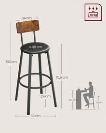aburetes de Bar, Juego de 2 Taburetes de Barra, Tapizados de PU, Taburete Alto con Reposapiés, Montaje Simple, Industrial, para Cocina, Comedor, Marrón Rústico y Negro Tinta - Marrón - Ver 4