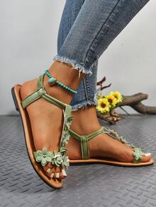 Women's Fashion Comfortable Sandals, Versatile Embroidered Beach/Outdoor Flat Sandals,Boho Style,Spring Summer Outfits - Green - View 4