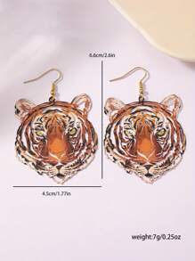 1 Pair Vintage Hollow Tiger Head Pendant Earrings, Suitable For Vacation