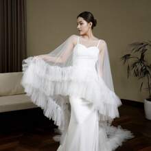 1 pieza Chaqueta con capucha de gasa multicapa transparente para novia, con dobladillo de volantes fruncidos, para fotos de boda