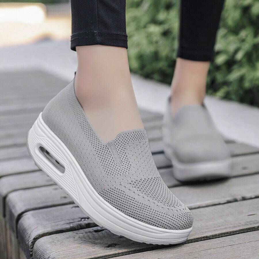 Zapatos deportivos informales de cuña de suela gruesa para mujer, antideslizantes, resistentes al desgaste, grises, transpirables para exteriores - Gris - Ver 1