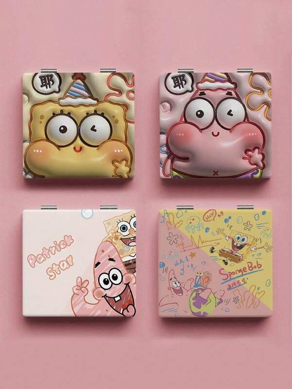 SPONGEBOB 1 pieza Espejo de maquillaje de Bob Esponja - Doble cara, plegable y portátil con llavero, accesorio de viaje perfecto o idea de regalo de pareja, regalo de cumpleaños, regalo de regreso a la escuela