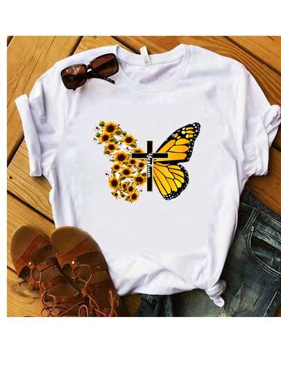 blusa camiseta estampa borboleta azul floral básica feminina, blusinha delicada plus size