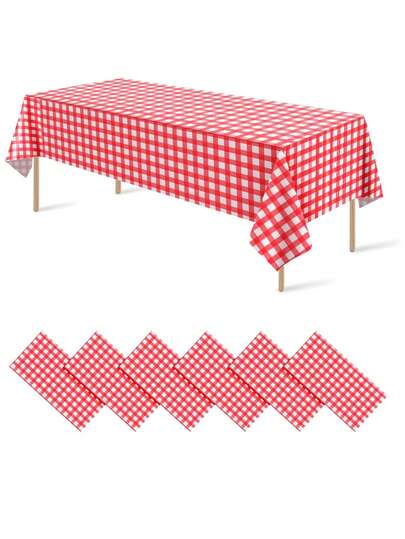 1pc/6pcs 137*274cm Red And White Plastic Checked Tablecloth, Disposable Red Plaid Tablecloth Decor, Suitable For Picnic, Farm, Birthday, Wedding Rectangular Party Tablecloth