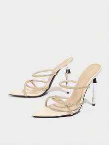 Giày cao gót mũi nhọn quai chéo gợi cảm cỡ lớn cho nữ, đính pha lê sáng bóng, giày lười thanh lịch cho tiệc tùng, tiệc tối, ngoài trời - Màu be - Xem 6